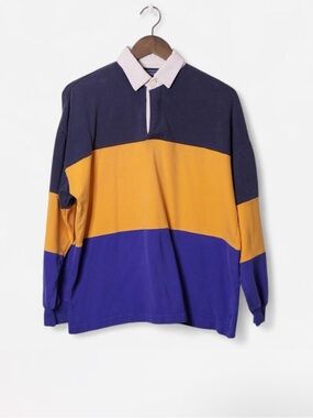 90s Vintage Crew Colorblock Rugby Shirt - Navy, yellow & Purple
